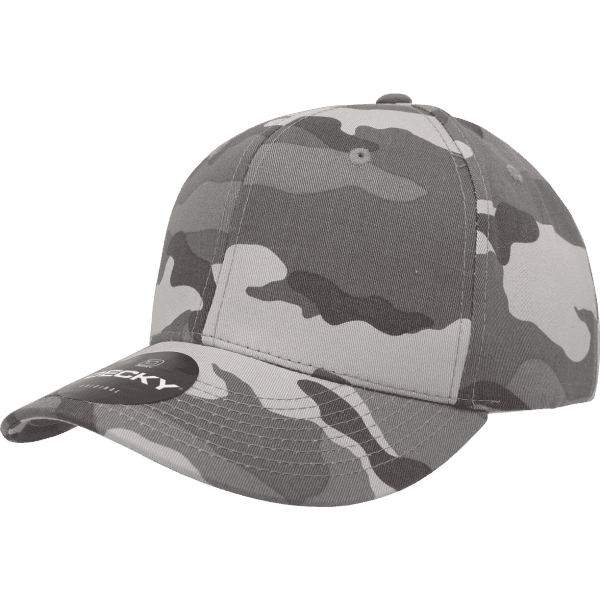 A grey camouflage cap featuring a six-panel design and a curved brim, with an embroidered logo on the front.