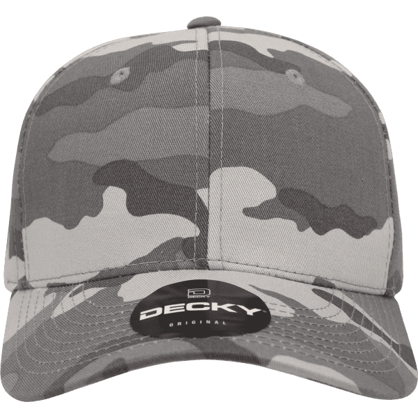A grey camo 6-panel mid-profile structured cap with a branded logo on the front.