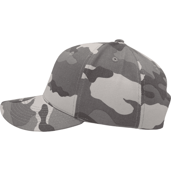 A grey and white camo cap with a mid-profile, 6-panel structured design and a curved brim. It features a logo.