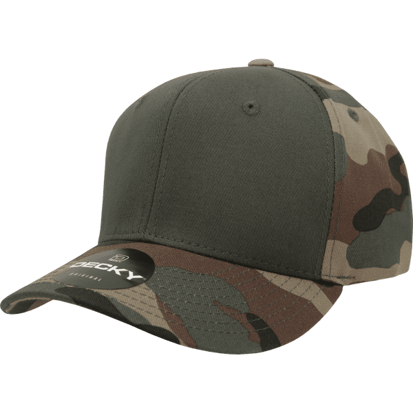 A camo cap in green and brown tones with a curved brim and a logo on the front.