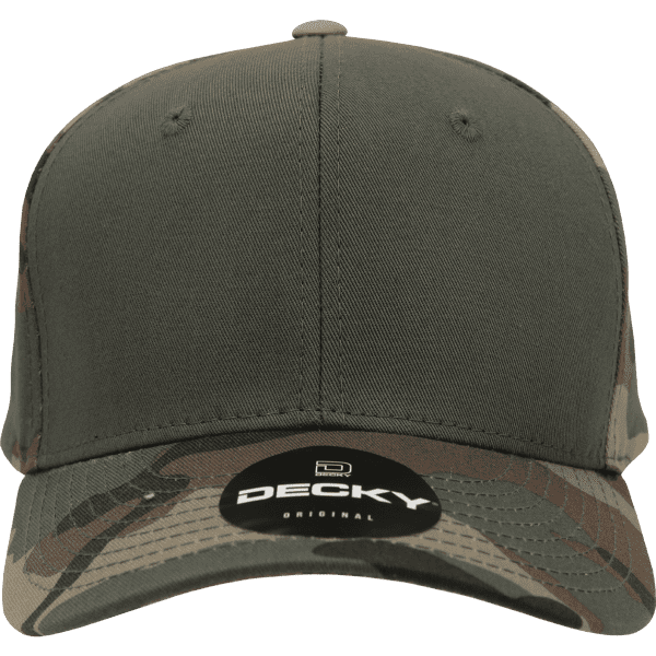 A structured six-panel cap in camouflage pattern with a dark green and brown colour scheme. It features a logo on the front.