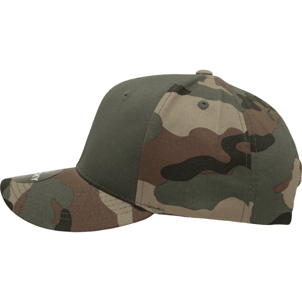 A camo cap featuring a structured six-panel design in shades of green, brown, and tan. The cap has a logo.