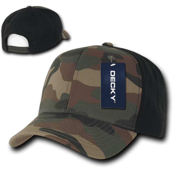 A camo cap featuring a structured six-panel design with a black back and a brand tag attached.