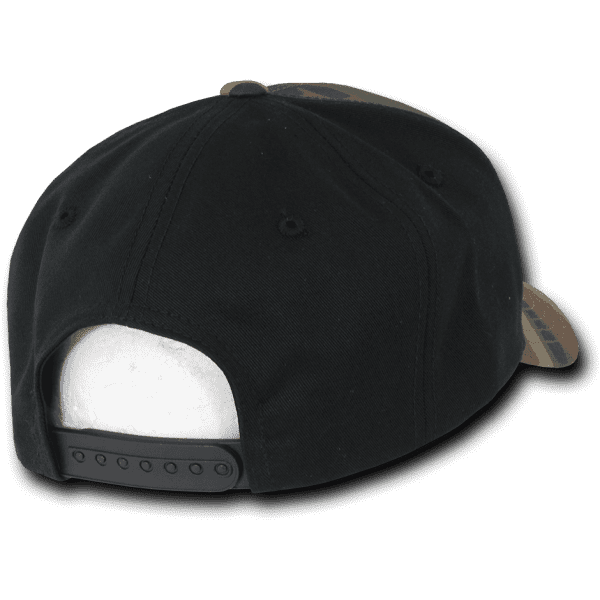 A 6 panel mid-profile structured cap featuring a black body and camo-patterned brim, with an adjustable strap at the back.