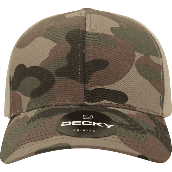 A structured mid-profile cap in a camouflage pattern, featuring shades of green and brown, with a logo on the front.