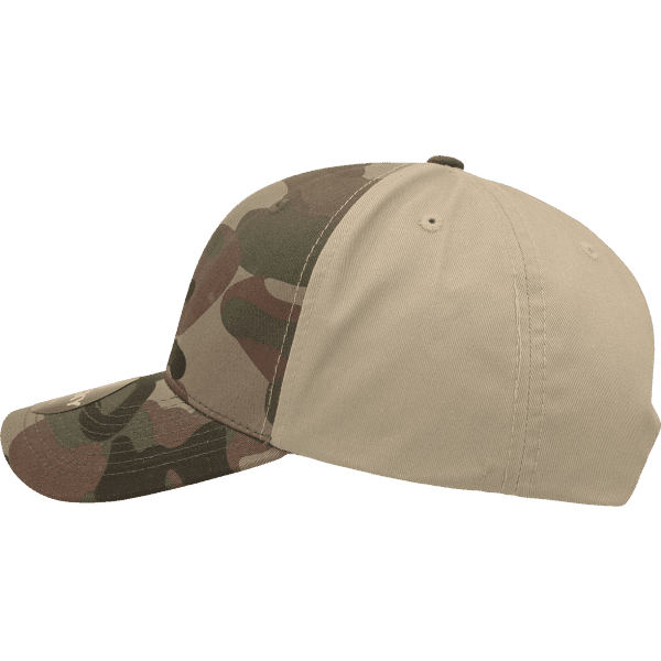 A camo cap featuring a mid-profile structured design in green, brown, and beige hues, with a branding logo.