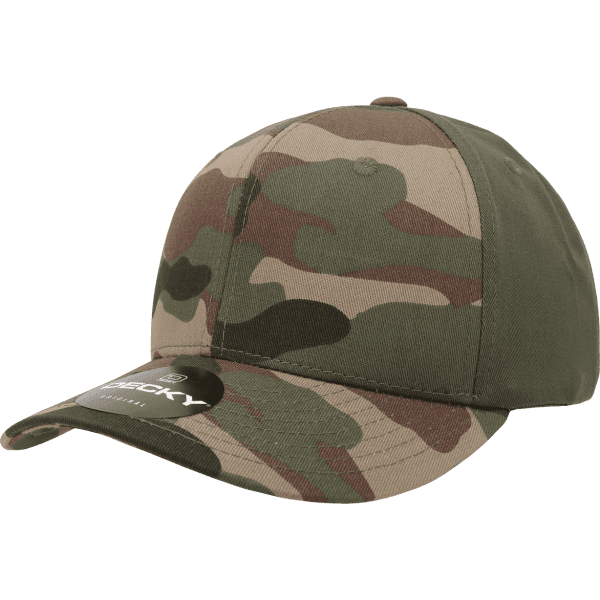 A camo hat featuring a six-panel design and a curved brim, with a logo on the front.