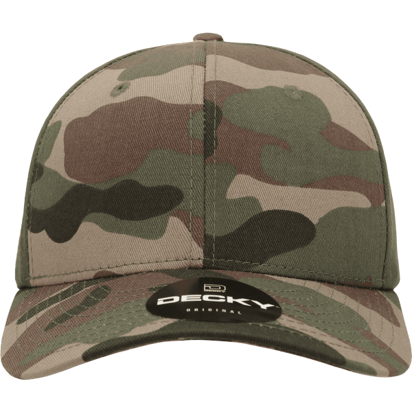 A camo cap featuring a six-panel mid-profile design in various shades of green and brown with a logo on the front.