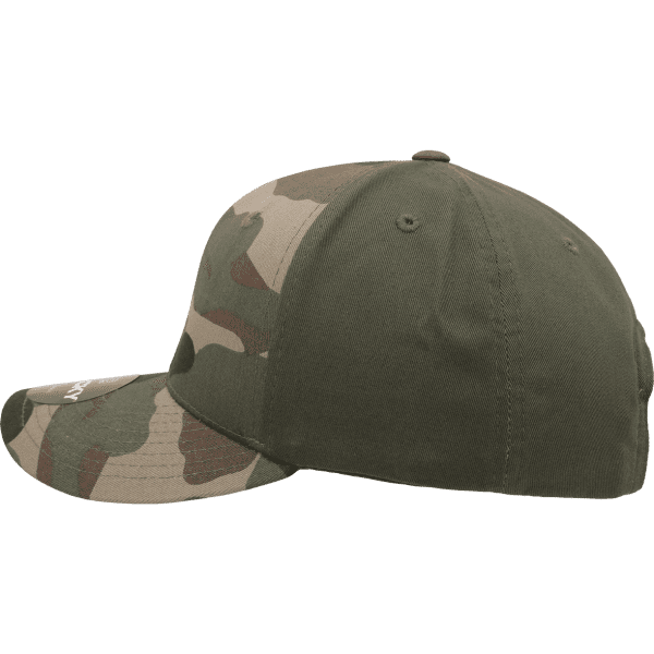 A camo cap in green, brown, and cream, featuring a structured six-panel design and a logo on the side.