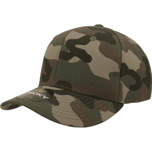 A camo-patterned 6 Panel Mid Pro cap in shades of green and brown, featuring a logo on the front.