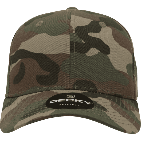 A camo cap in green, brown, and beige with a structured mid-profile design and a logo on the front.