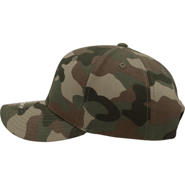 A camo cap featuring a six-panel mid-profile structure in shades of green and brown, with a logo present.