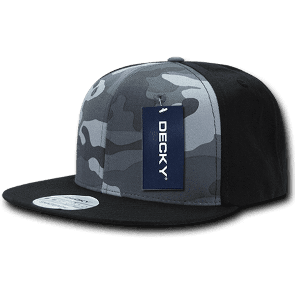 A grey camo snapback cap with a structured high profile and a black brim. It features a branding tag.