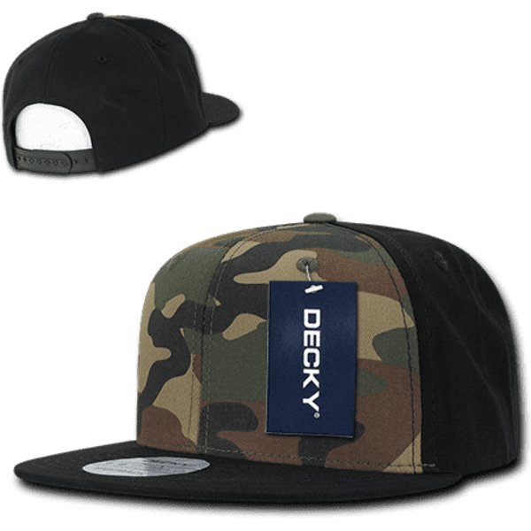 A camo-patterned snapback cap in dark green and black, featuring a structured high profile and a logo tag.