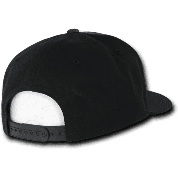 A black snapback cap with a structured high profile and adjustable strap at the back. It features a logo.