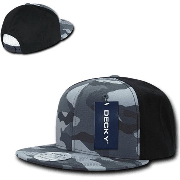 A camo snapback cap featuring a grey and black pattern, with a structured high profile and a logo on the front.