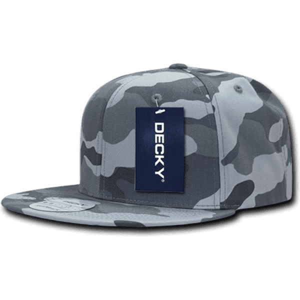 A grey camo snapback cap with a flat brim and a branded tag. Ideal for stylish headwear options.