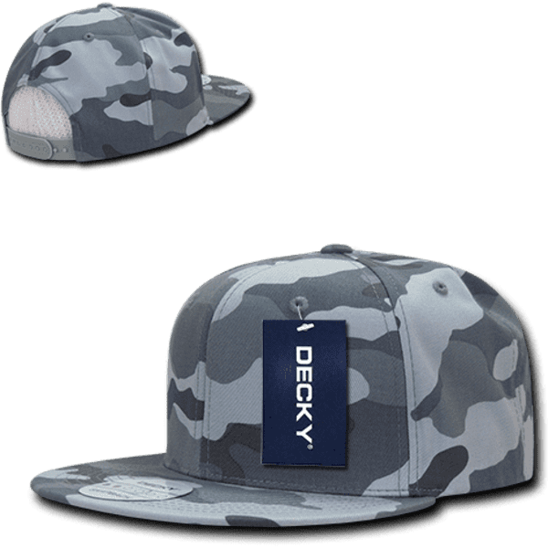 A camo snapback cap featuring a structured six-panel design in shades of grey, with a branded label.
