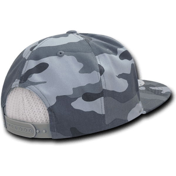 A grey camo snapback cap with a high profile and structured design, featuring mesh detailing at the back and a logo.