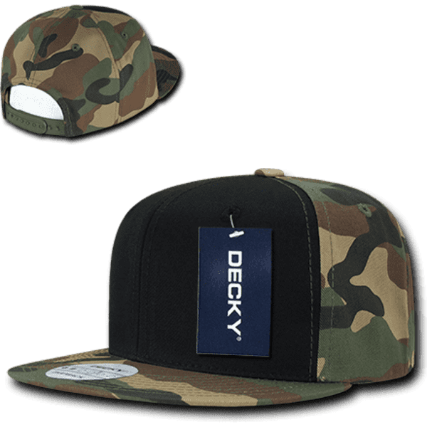 A camouflage snapback cap in shades of green and brown, featuring a structured profile and a branded tag.