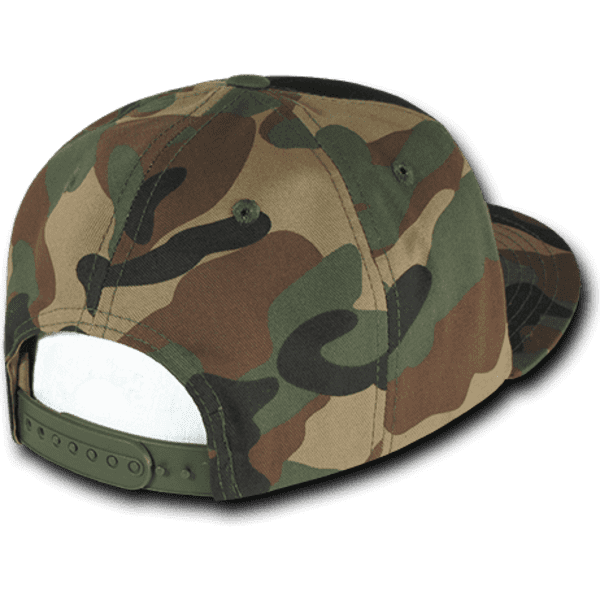 A structured snapback cap featuring a high-profile design in a camouflage pattern with shades of green and brown.