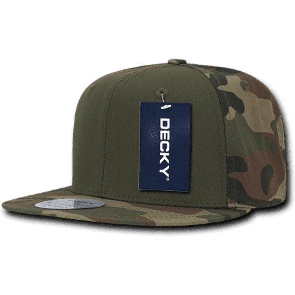 A camo-patterned snapback cap in shades of green, brown, and beige featuring a tag and a logo.