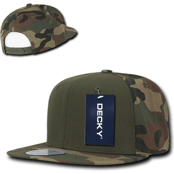 A camo snapback cap in green and brown tones, featuring a structured high profile and a logo tag.