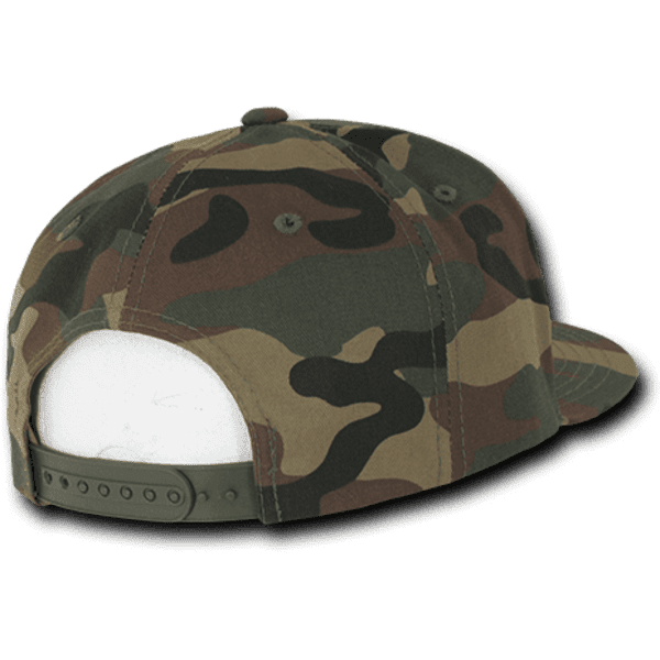 A camouflage snapback cap featuring a high-profile structured design and an adjustable strap at the back.