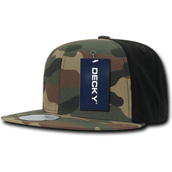 A camo snapback cap in green, brown, and black with a logo tag, featuring a flat brim and a six-panel design.