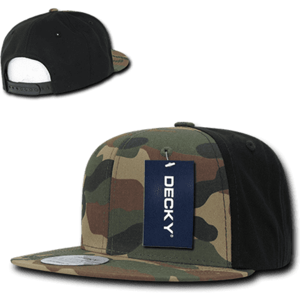 A camo snapback cap featuring a high-profile structured design and black accents, with a branding tag attached.