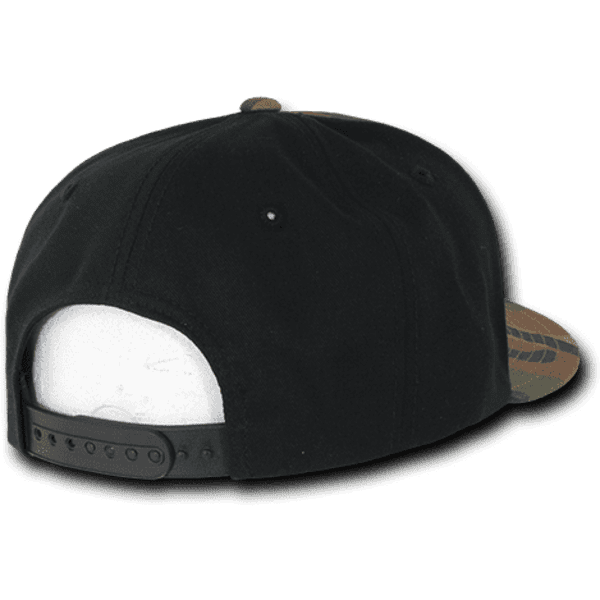 A camo snapback cap in black and brown, featuring a structured profile and an adjustable strap at the back.