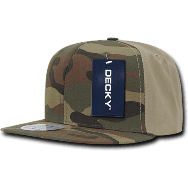 A camo-patterned snapback cap with a flat brim and a logo tag attached. The colours include shades of green and brown.