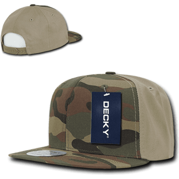 A high-profile structured camo snapback cap in shades of green and brown, featuring a logo tag.