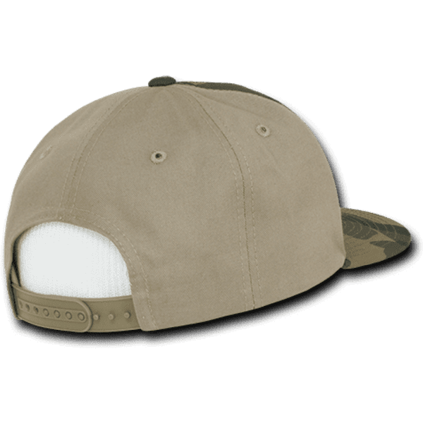 A khaki and camo snapback cap with a high-profile structured design and an adjustable strap at the back.