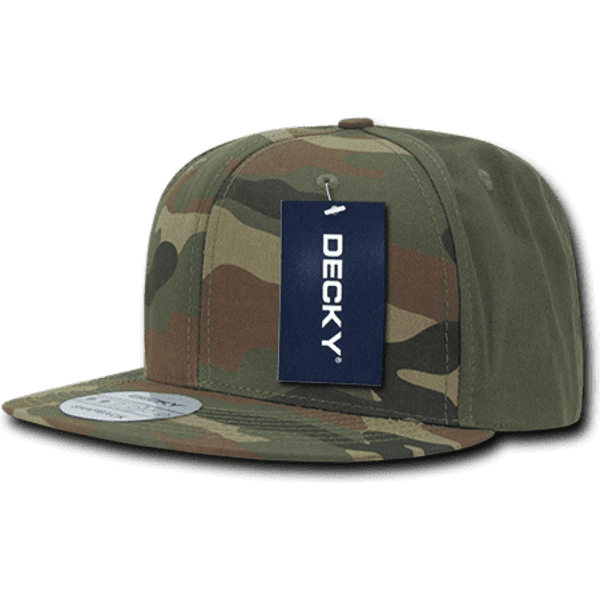 A camo-patterned snapback cap featuring a green and brown design and a branding tag.