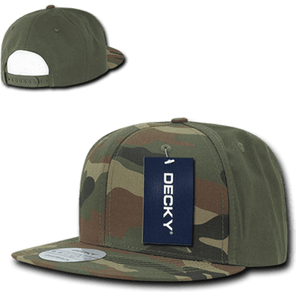 A high-profile structured snapback cap in camouflage pattern with a branded label and adjustable strap at the back.