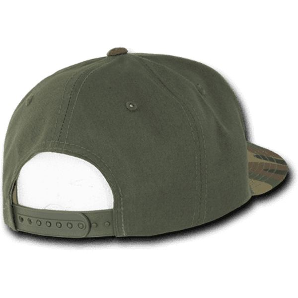 A high-profile structured camo snapback cap in green with a patterned brim and a snapback closure.