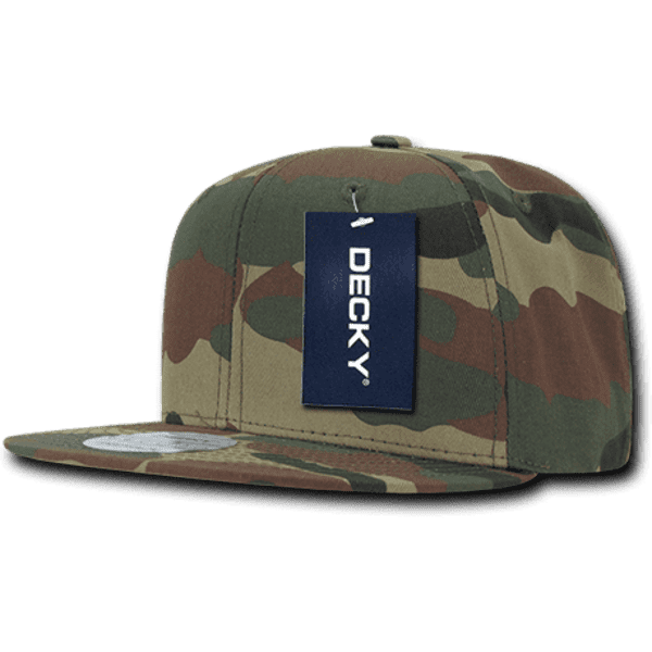 A camo-patterned 6 panel high profile snapback cap with a flat brim and a branded tag.