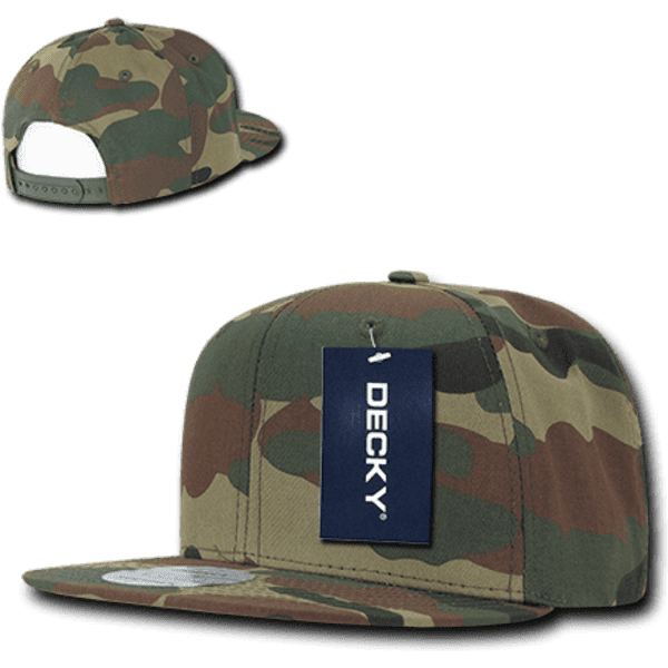 A camo snapback cap with a high-profile structured design, featuring a logo and multiple shades of green and brown.