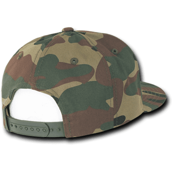A structured camo snapback cap with shades of green and brown, featuring a back adjustment strap.