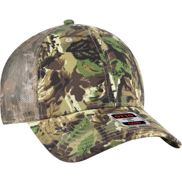 A camo-patterned 6-panel trucker hat featuring mesh sides and a curved brim, primarily in shades of green and brown.
