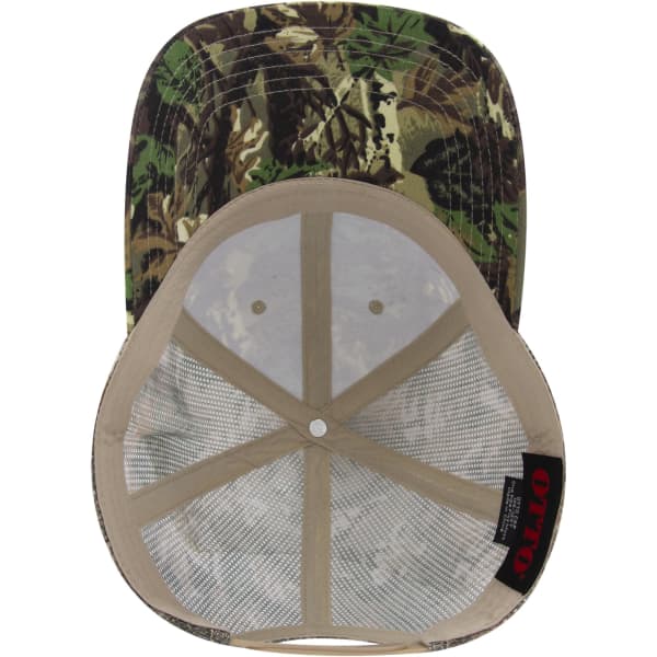 A low profile trucker cap featuring a camo pattern in green and brown with a breathable mesh lining and branded label.