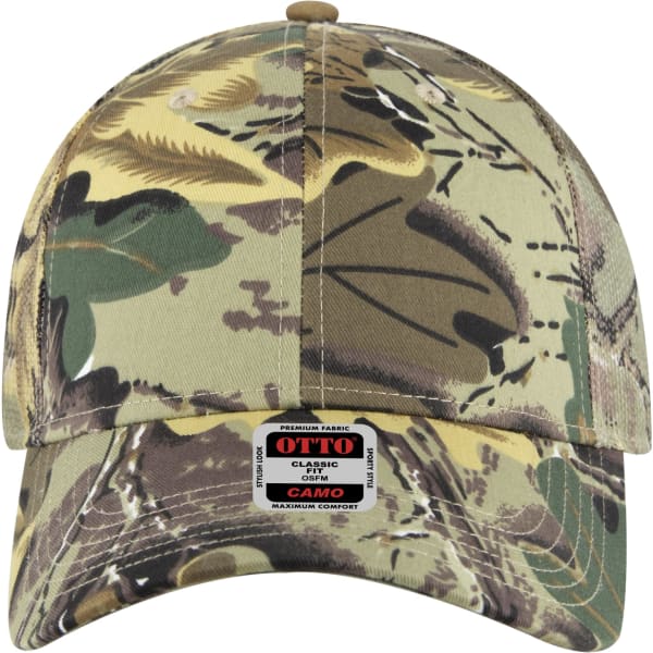 A low profile trucker cap in a camo pattern featuring shades of green and brown, with a branded label attached.