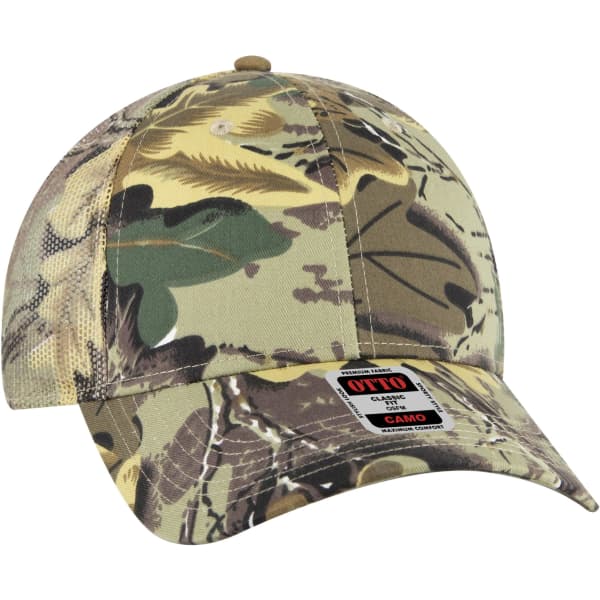 A camo-patterned 6 panel trucker hat featuring a mesh back and an adjustable strap.