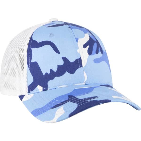 A blue camo 6 panel trucker hat with a mesh back and curved peak, featuring a logo on the front.