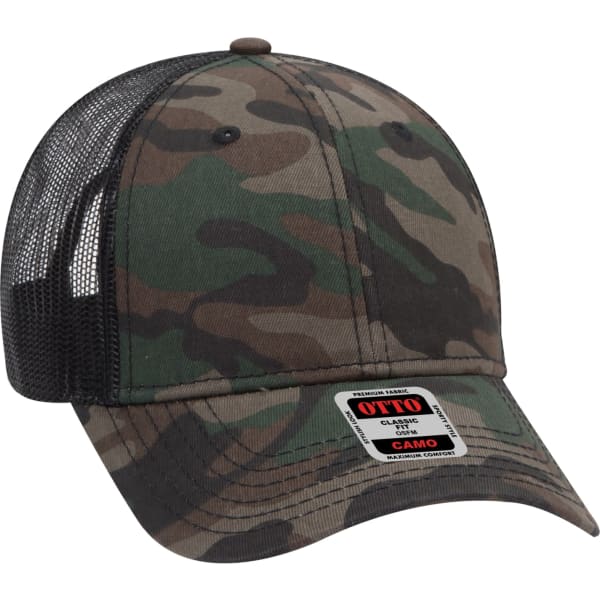 A camo-patterned 6 panel trucker hat with a black mesh back and a branded tag on the front.
