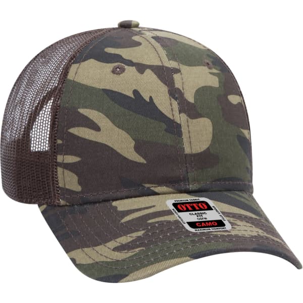 A camo 6 panel trucker hat featuring a mesh back and a branded tag on the front.