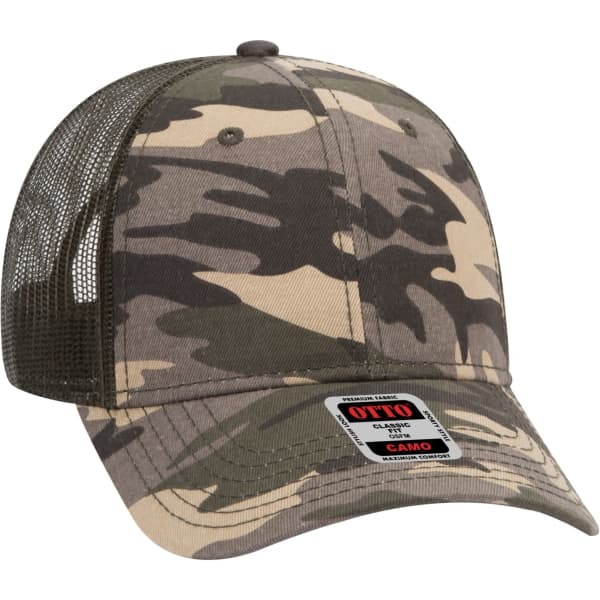A camo 6 panel trucker hat featuring a mesh back and a branded label on the front.