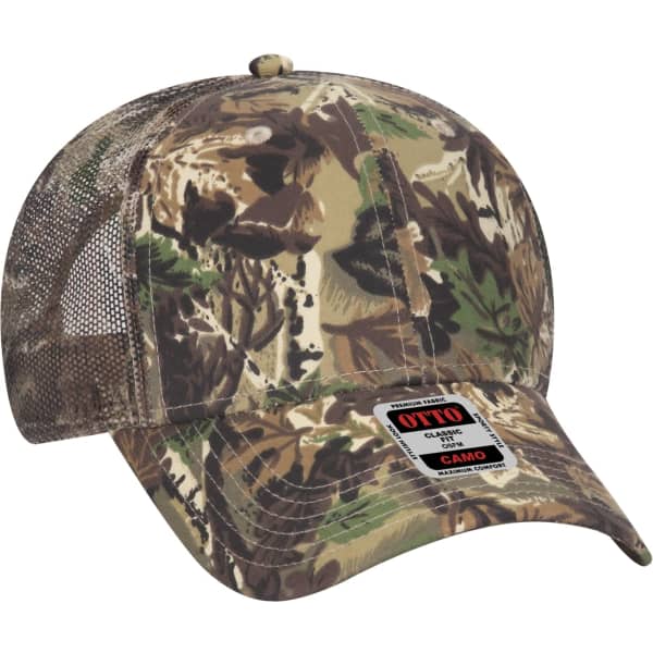 A camo-patterned 6 panel trucker hat with a mesh back and a branded label on the front.