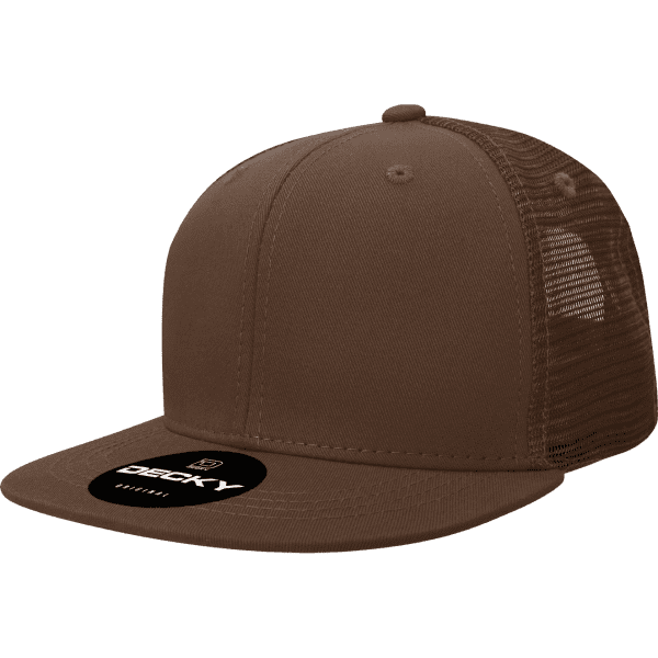A brown 6-panel trucker cap with a mesh back and a curved brim, featuring a logo on the front.
